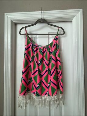 Bright Geometric Fringe-Trim Cami Top - Pink & Green